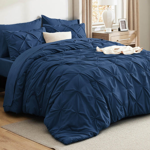 Bedsure queen comforter set navy with pintuck design adds elegant texture and soft warmth.