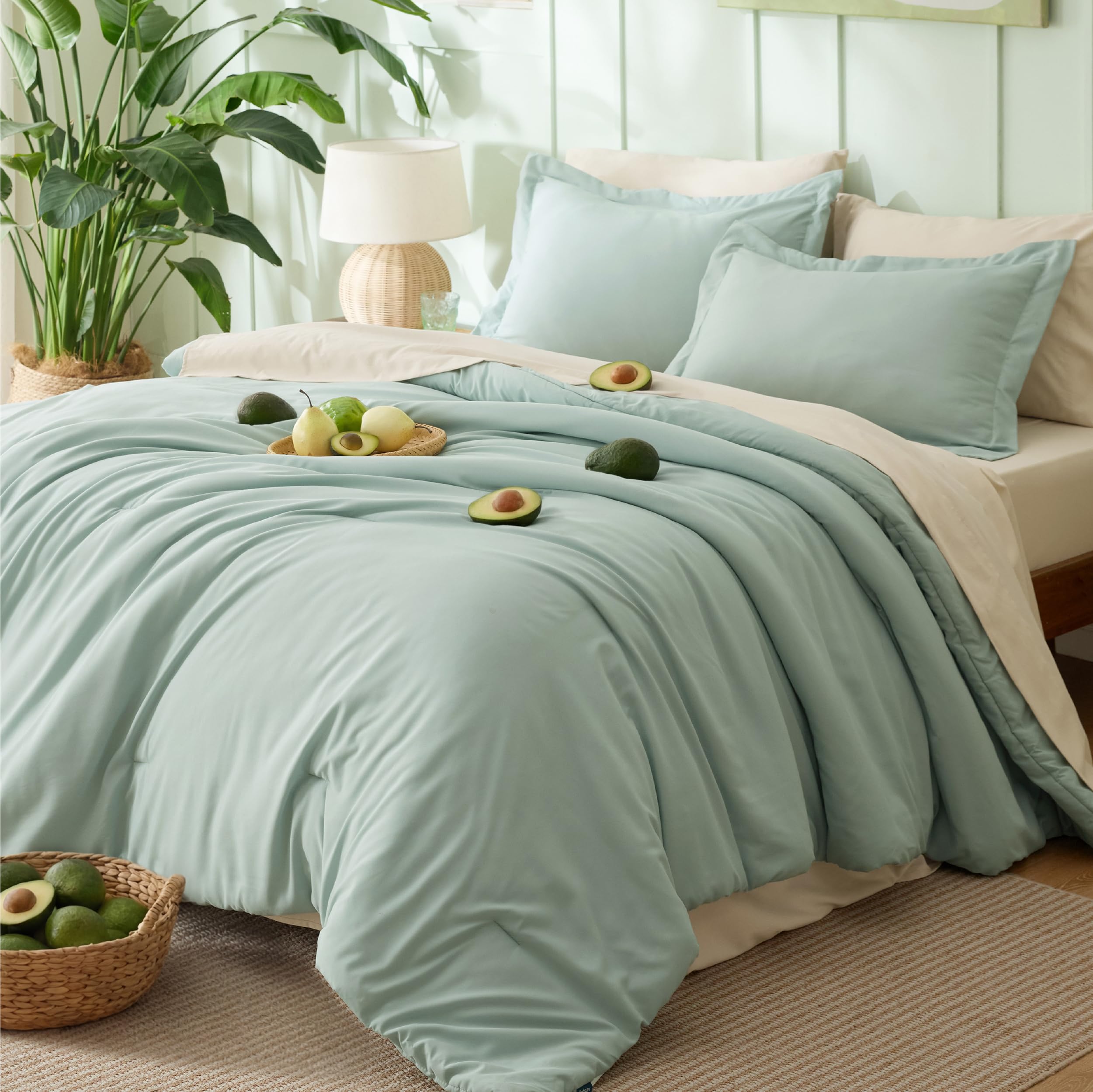 Bedsure queen comforter set in sage green with stylish contrast design for bedrooms