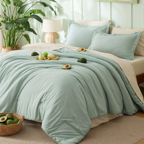 Bedsure queen comforter set in sage green with stylish contrast design for bedrooms