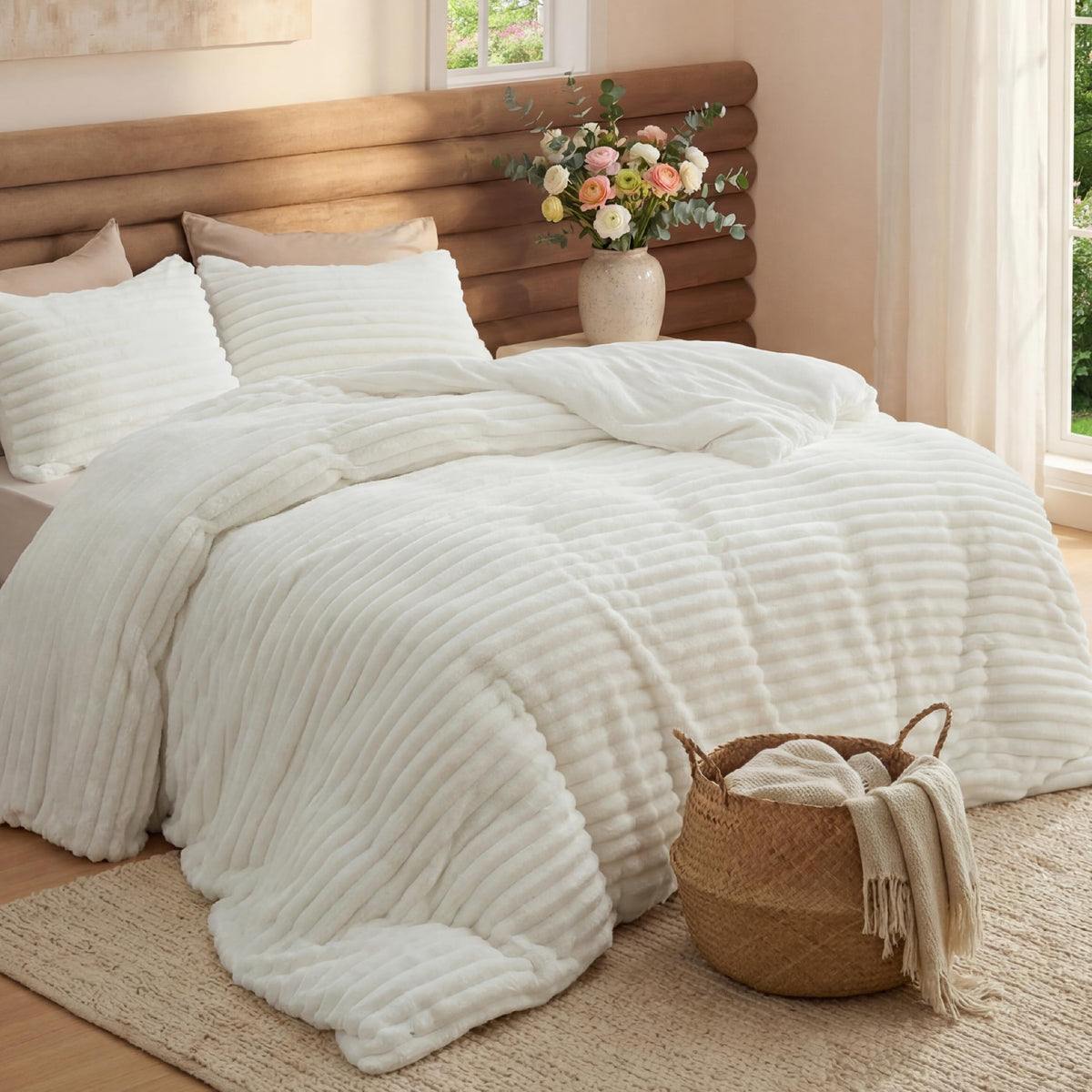 Bedsure queen comforter set in stripe flannel, double-sided warmth for chilly nights.