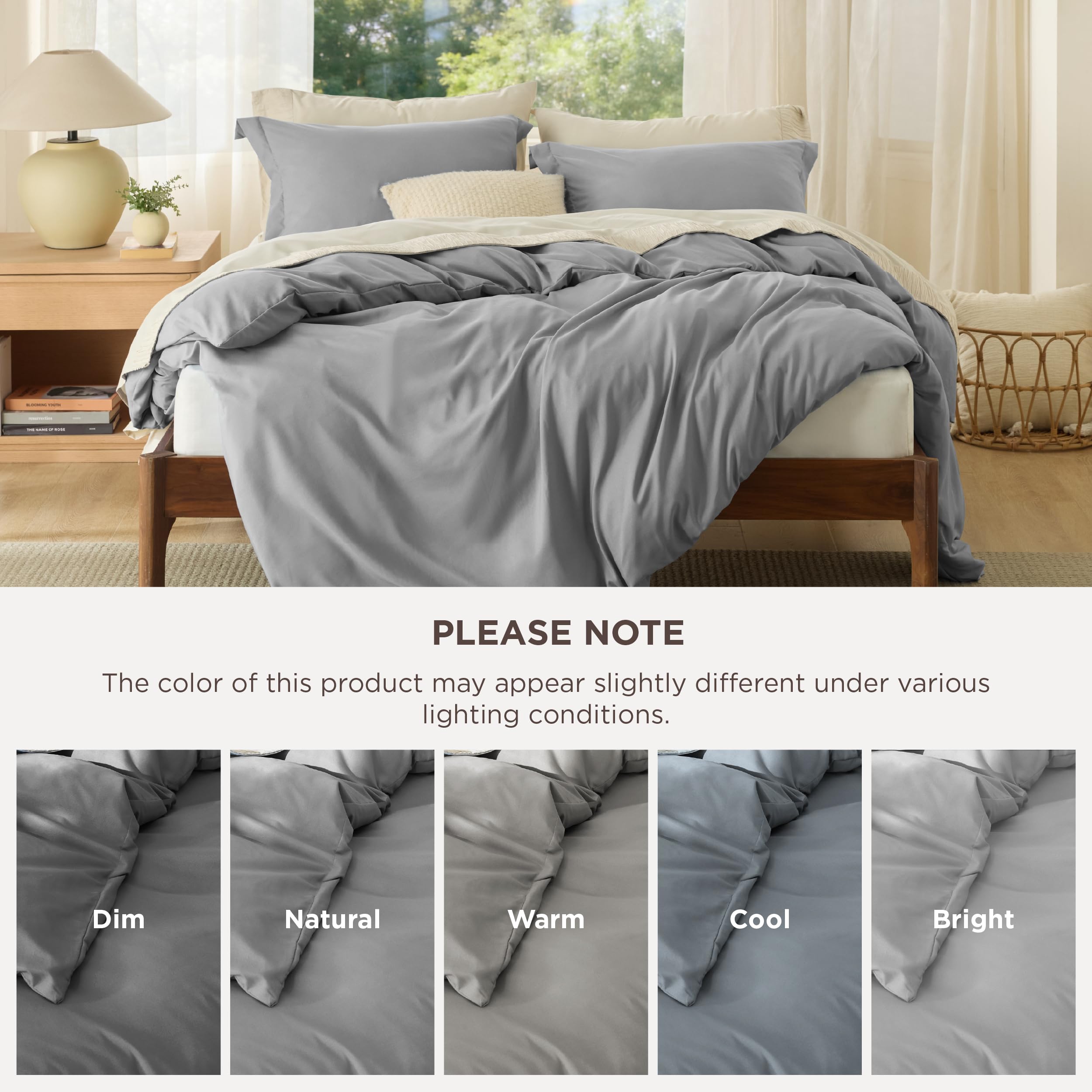 Bedsure duvet cover grey draped on bed demonstrates year round lightweight comfort.