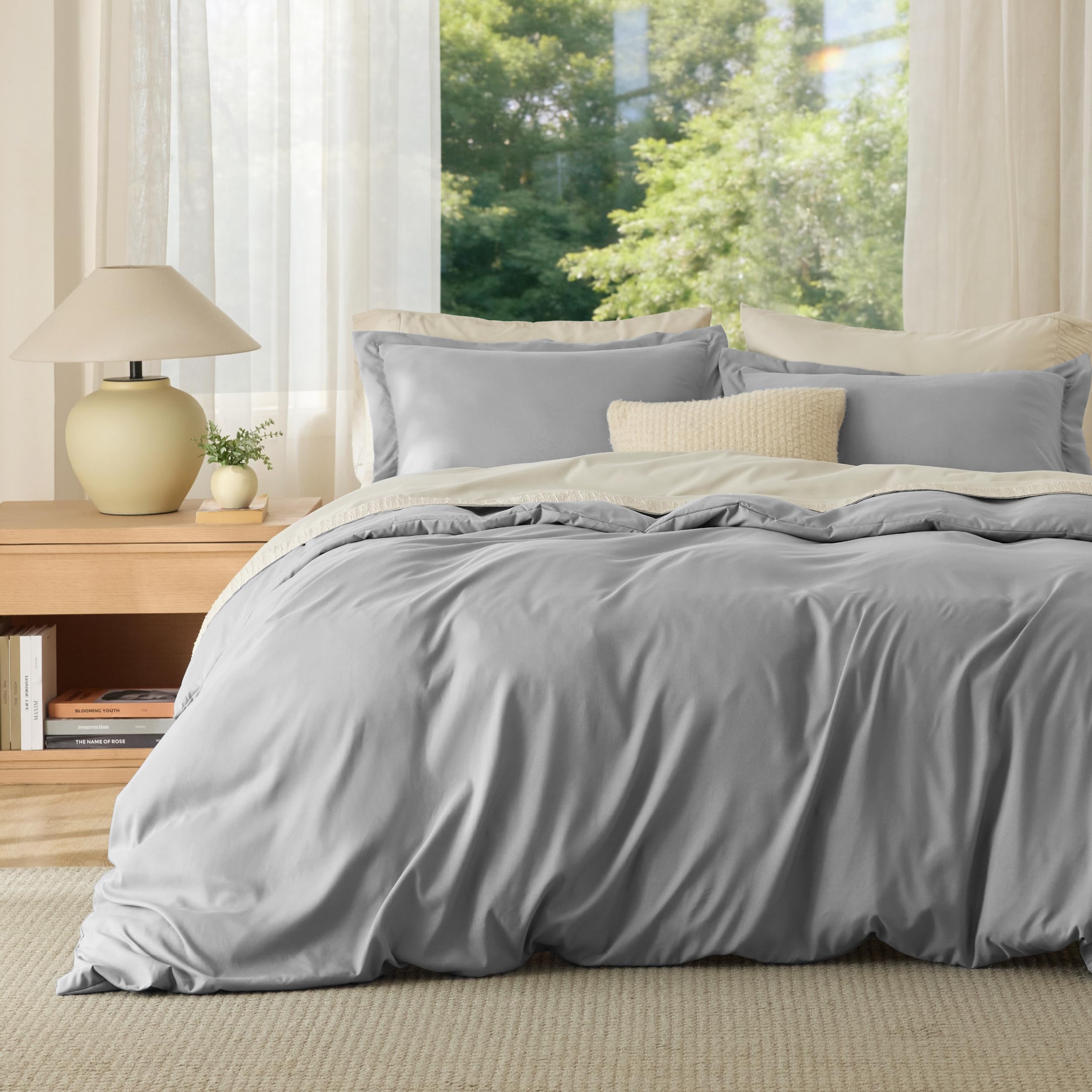 Bedsure queen duvet cover grey front view shows ultra soft double brushed fabric.