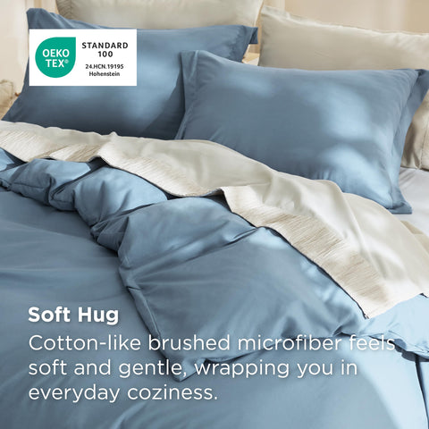 Bedsure duvet cover mineral blue folded, showing compact storage and easy care.