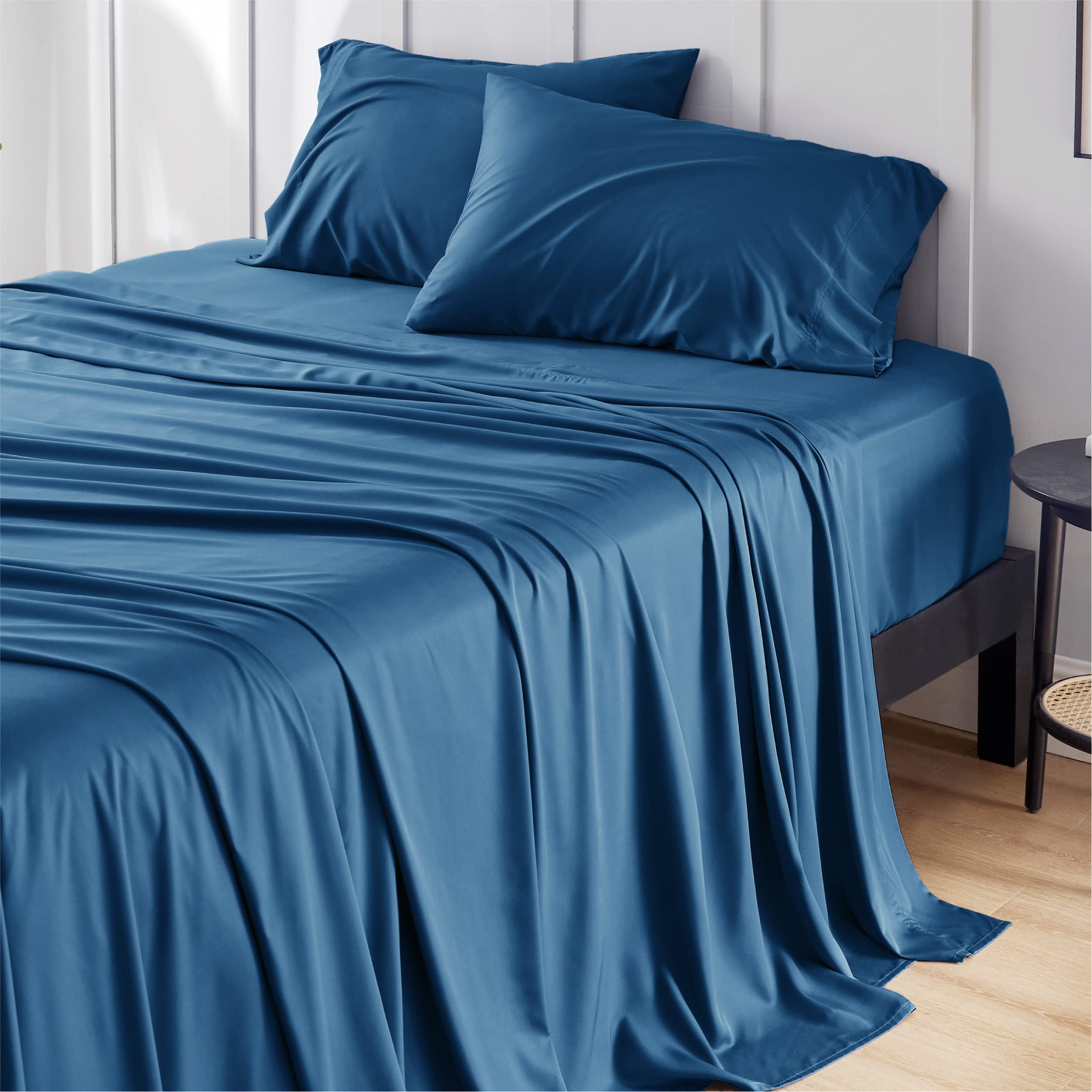 Bedsure queen flat sheet in teal shows silky cooling comfort