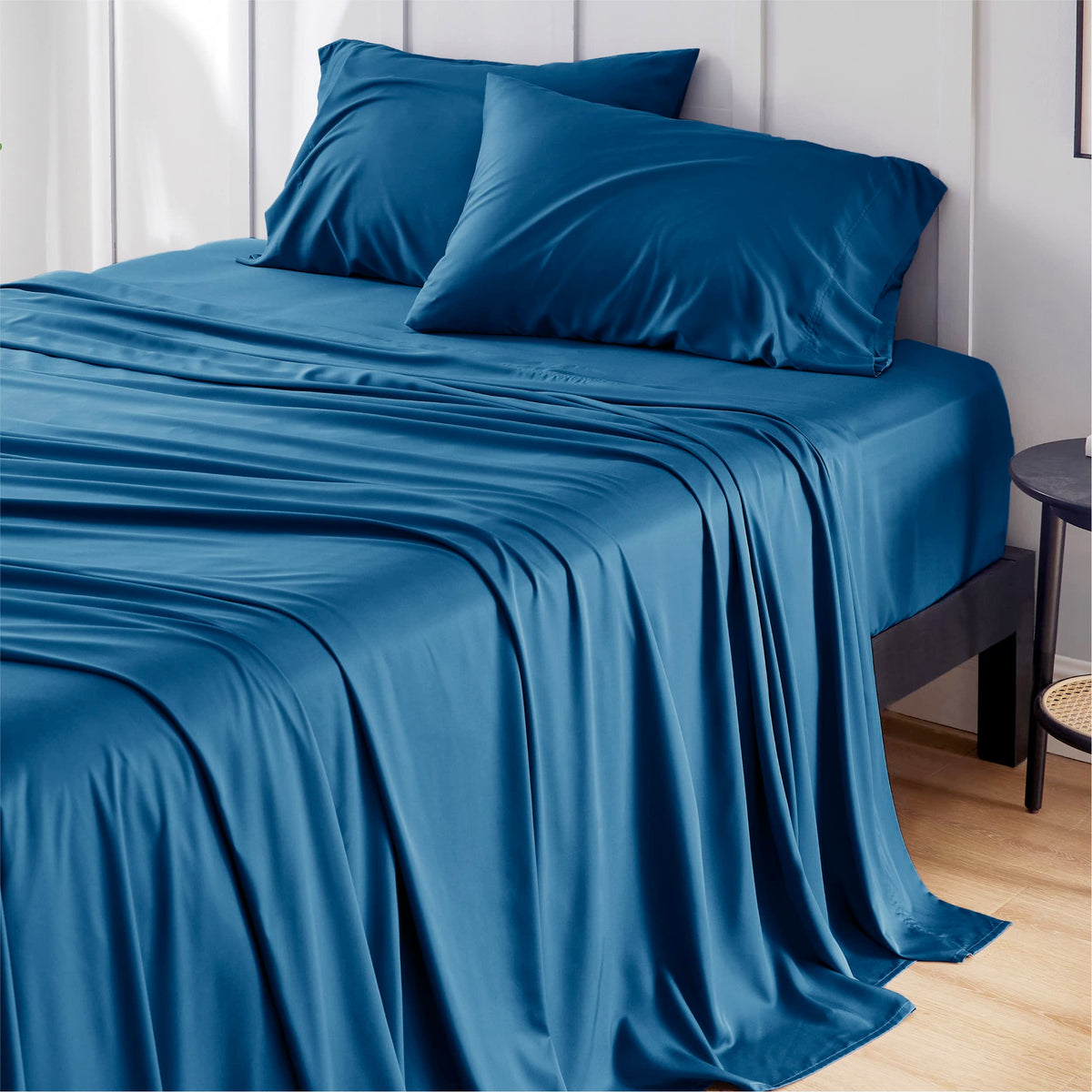 Bedsure queen flat sheet in teal shows silky cooling comfort