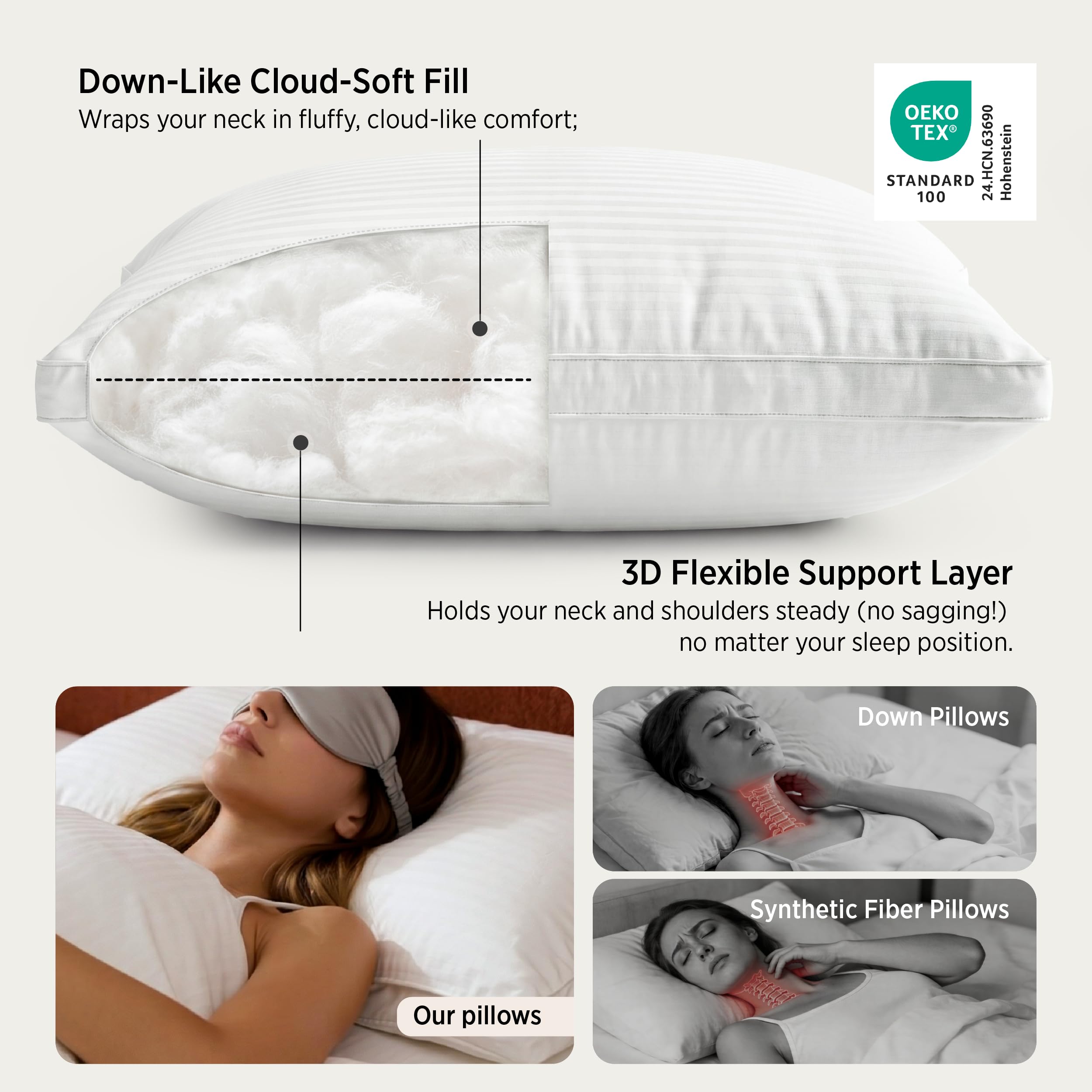 Bedsure queen pillow dual-chamber lower support for neck stability