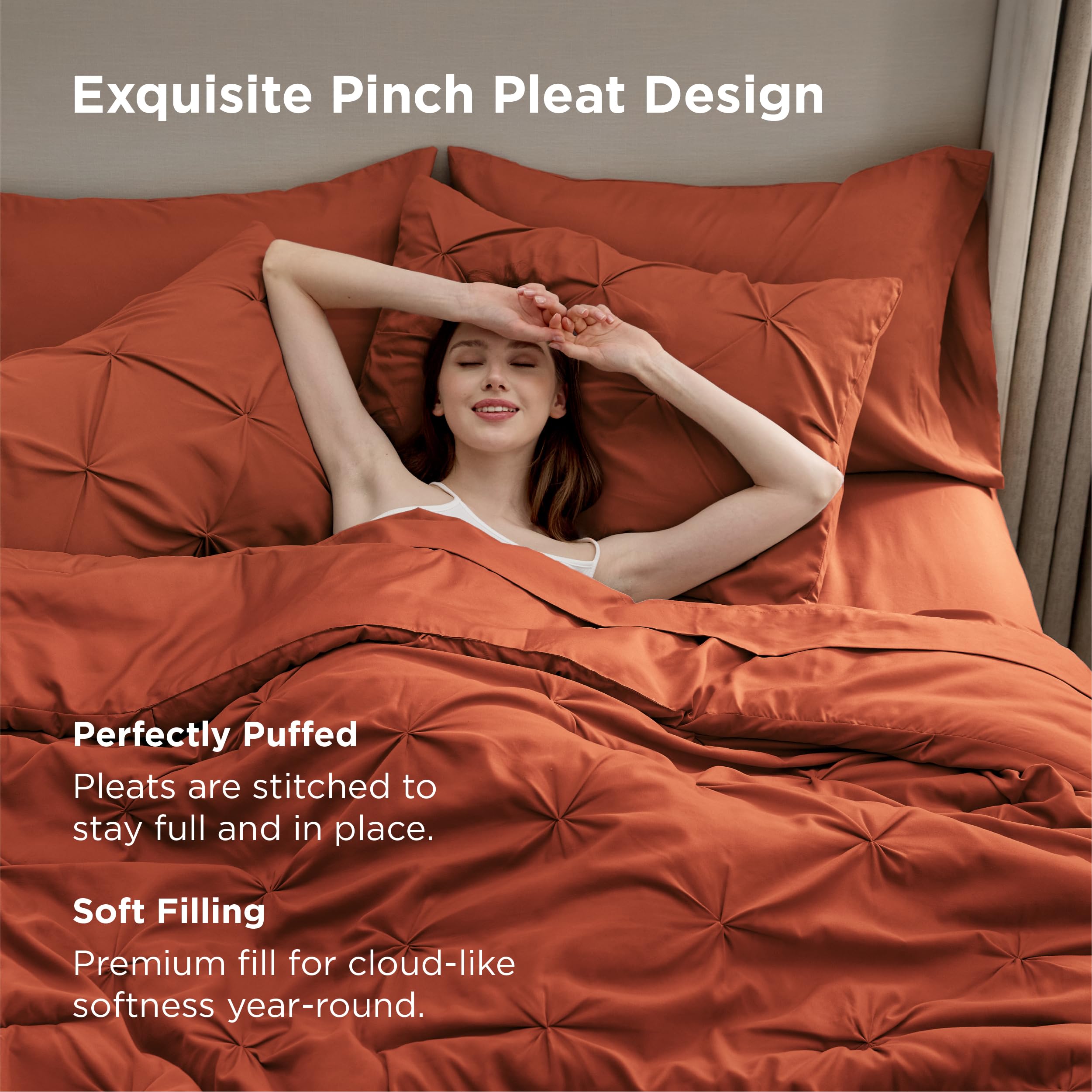 Bedsure queen shams in burnt orange feature pinch pleat texture for depth