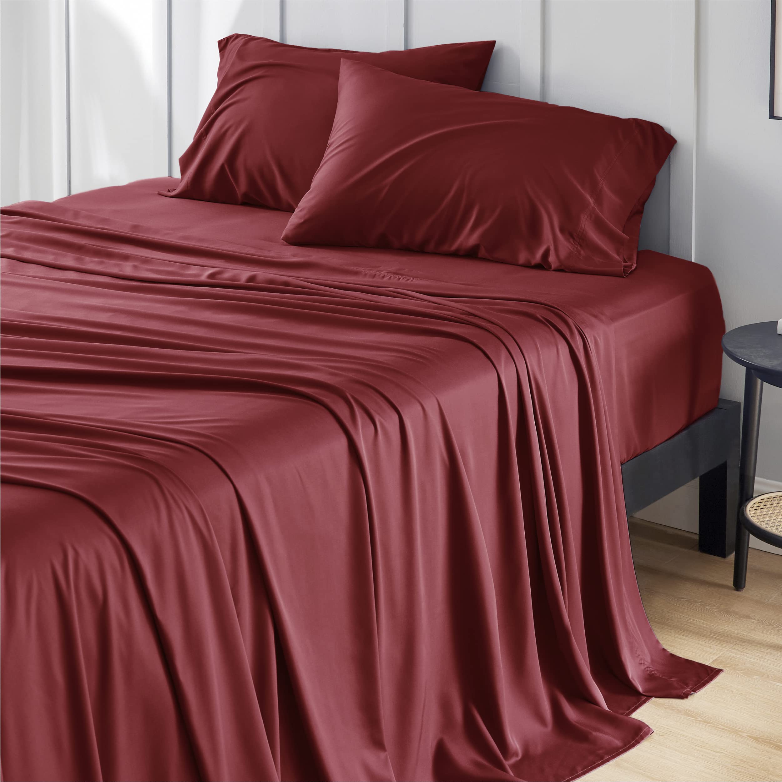 Bedsure queen sheet set close-up shows silky cooling bamboo rayon comfortable for warm nights