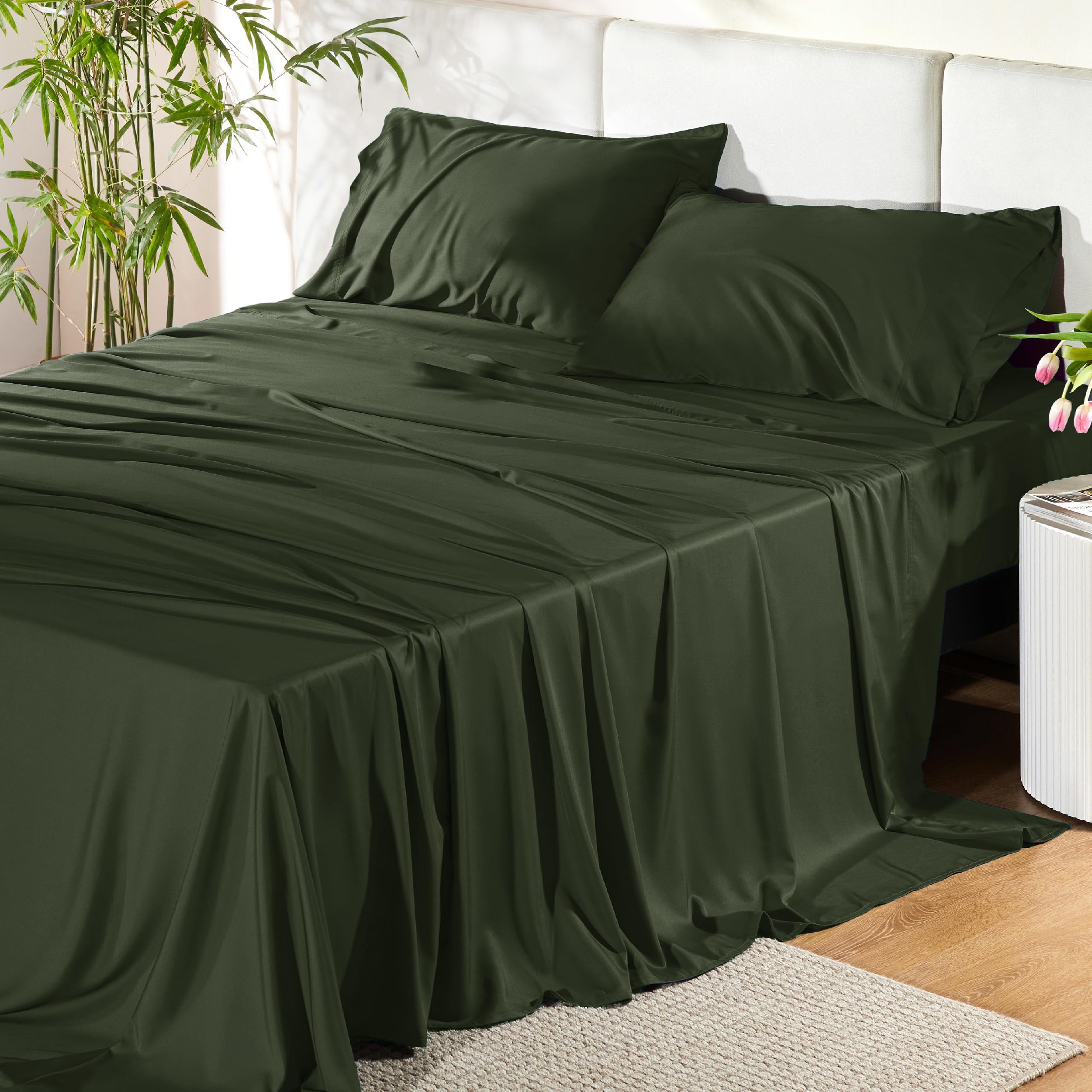 Bedsure queen bamboo rayon cooling sheet set, breathable and silky-soft.