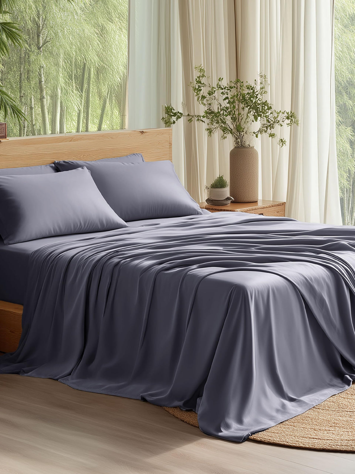 Bedsure queen-sheet-set cooling fabric closeup shows breathable bamboo rayon texture for cooler nights