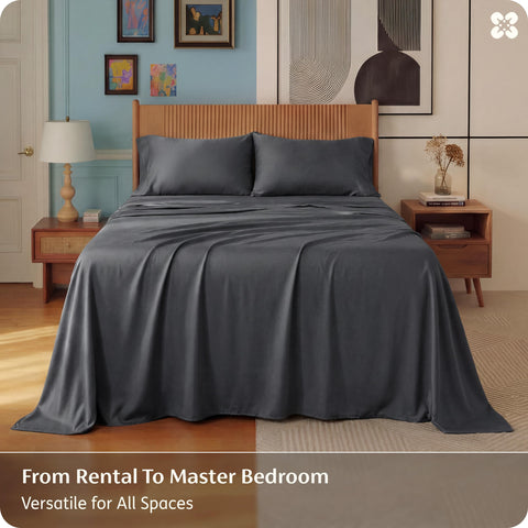 Bedsure grey sheet set on bed highlighting deep-pocket fit up to 16 inches