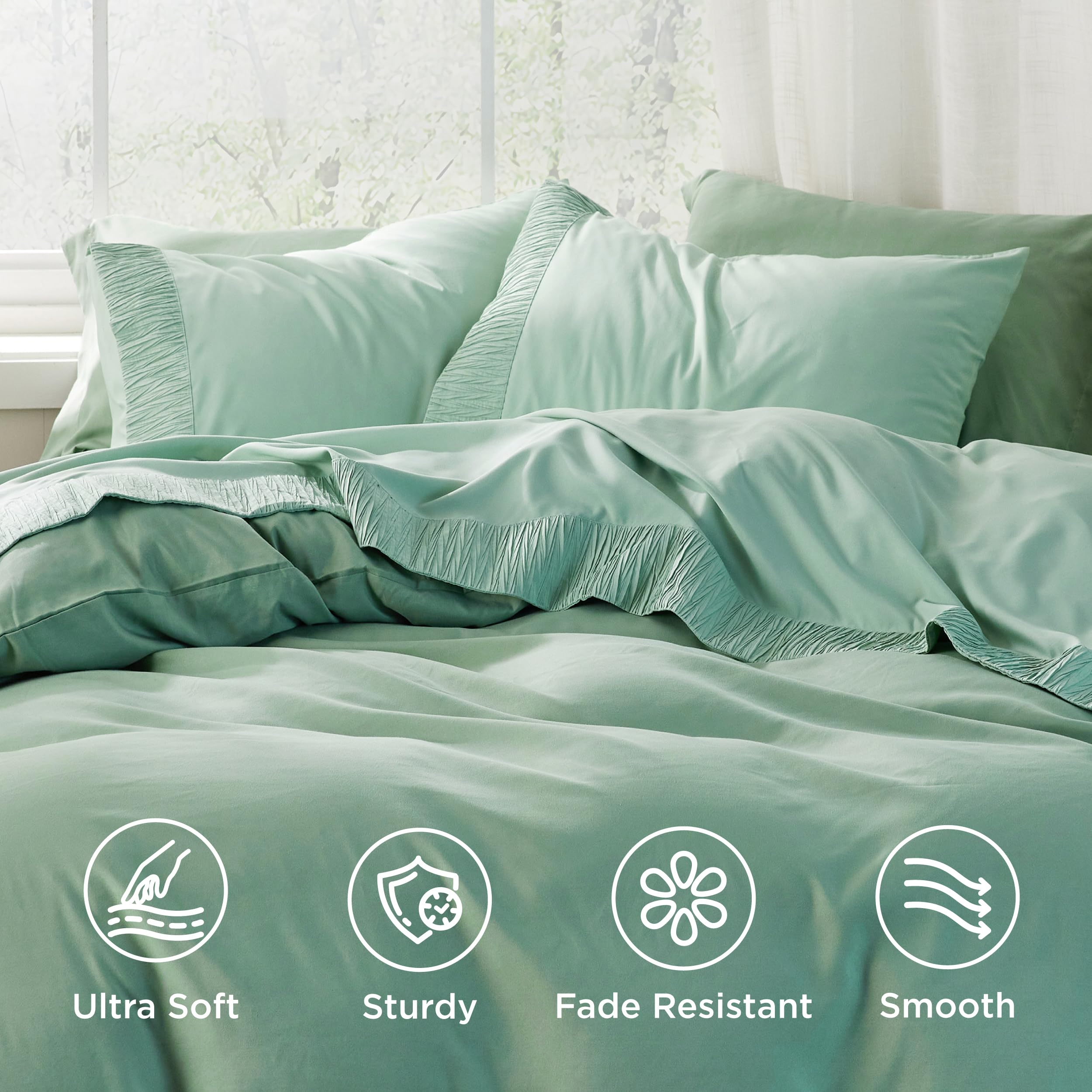 Bedsure Queen Sheet Set fitted sheet highlights deep pockets for secure fit.