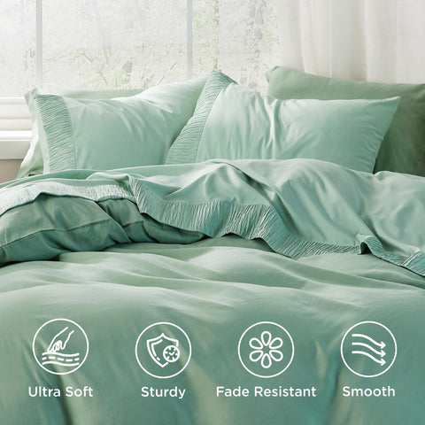 Bedsure Queen Sheet Set fitted sheet highlights deep pockets for secure fit.