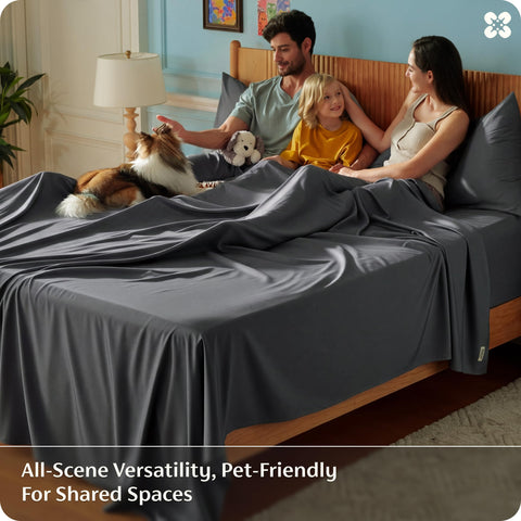 Bedsure grey bedding on bed demonstrates cooling, silky-soft-touch fabric