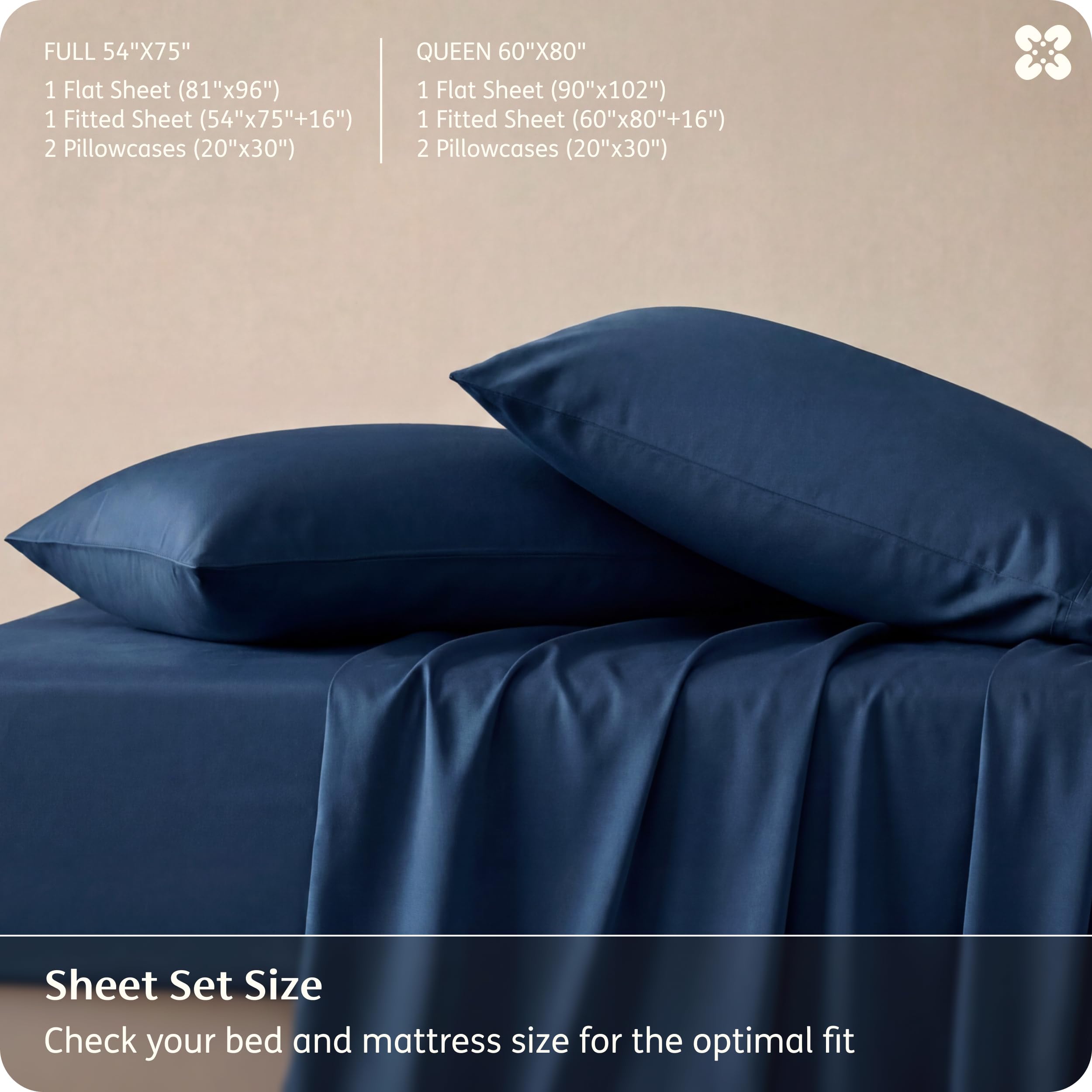 Bedsure queen sheet set on a bed at night with navy color