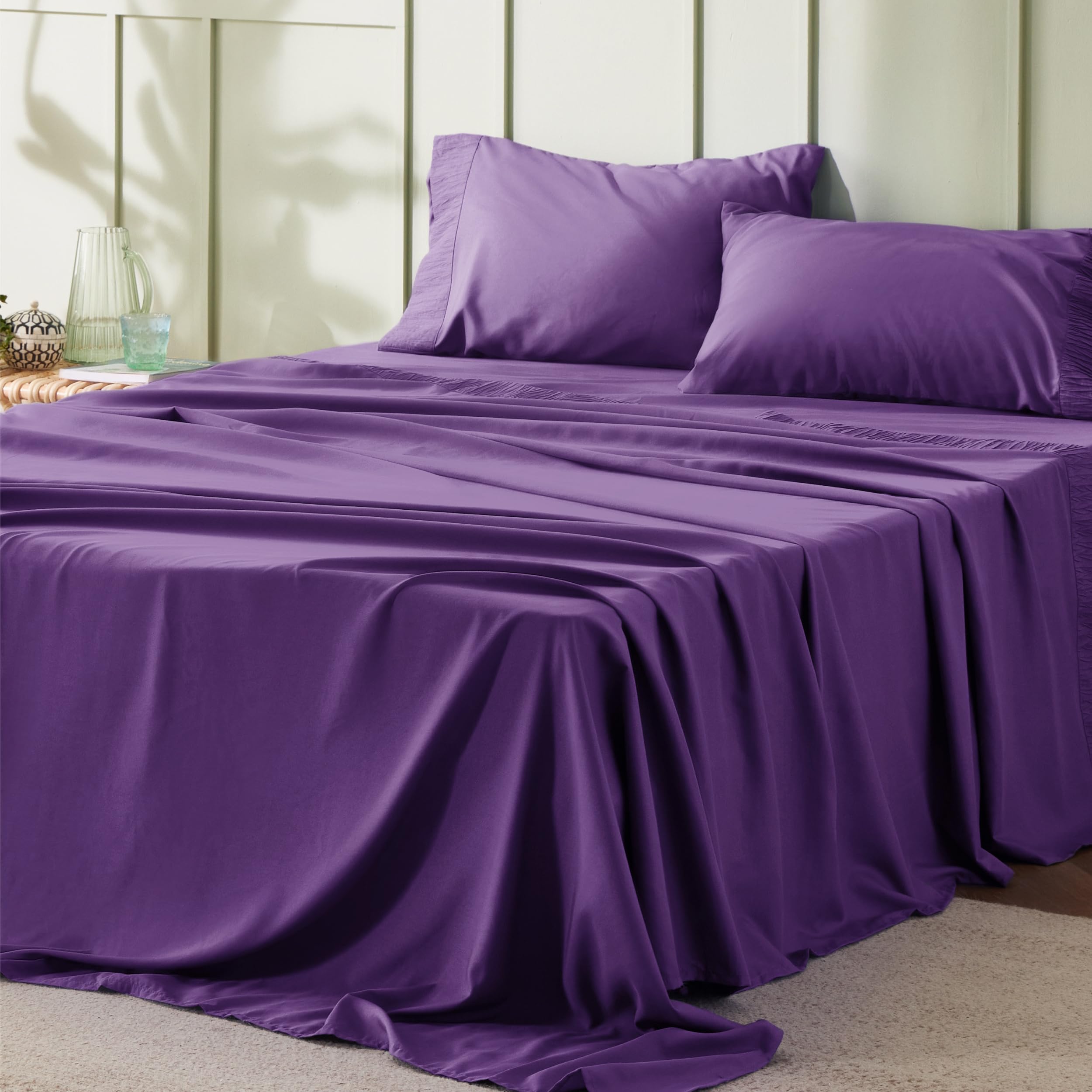 Bedsure queen purple flat sheet shows silky-soft microfiber for cooling nights