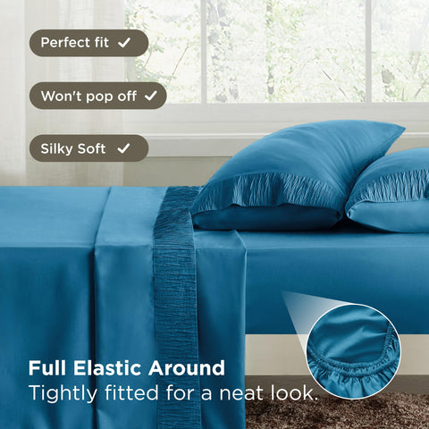 Bedsure teal blue sheets displaying vibrant color retention after washing