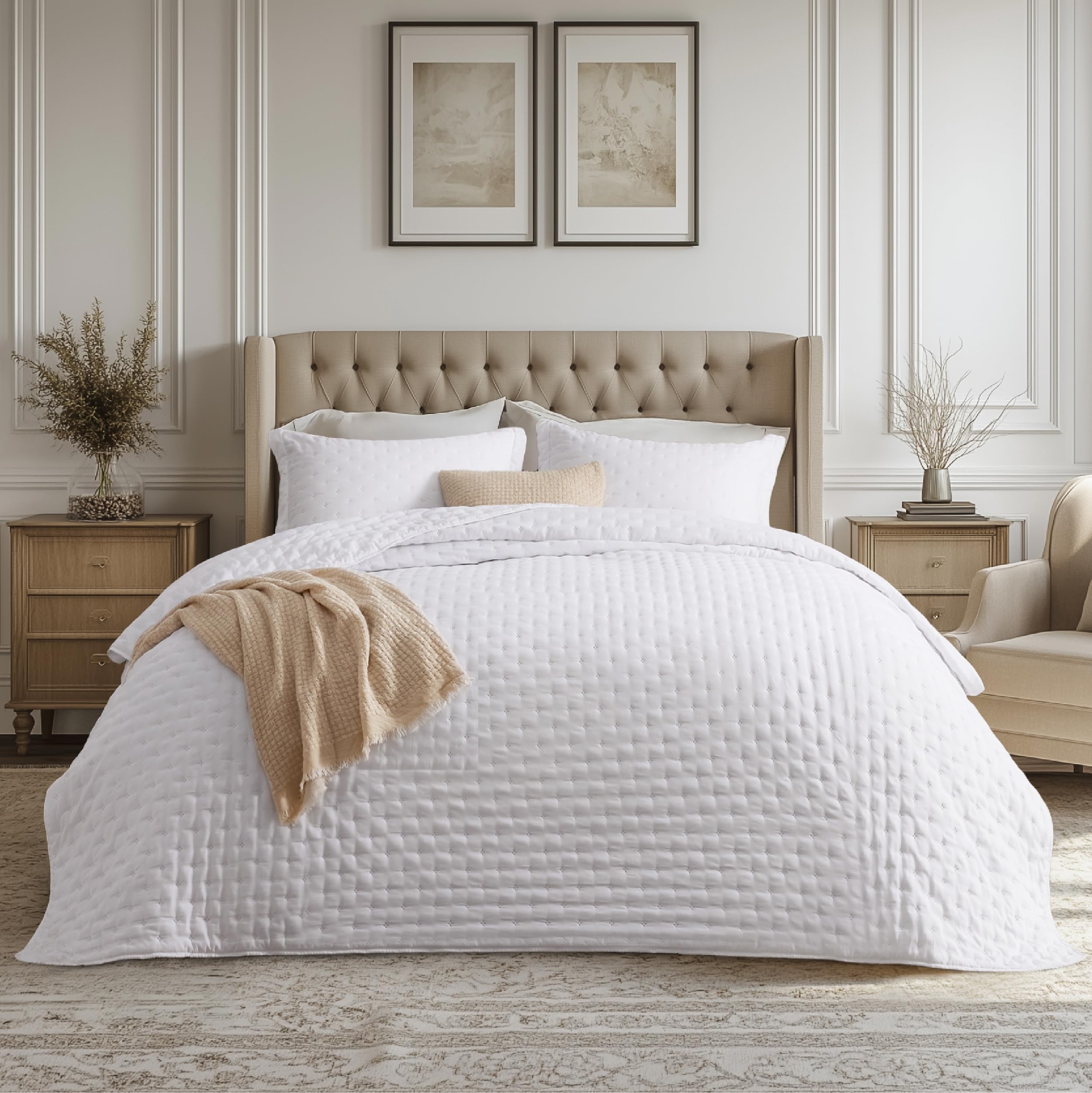 Bedsure queen quilt in bright white showing crisp, inviting bed styling and softness