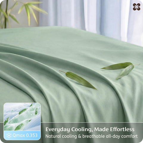Bedsure sage green bedroom scene highlighting calming, breathable bedding for restful nights.
