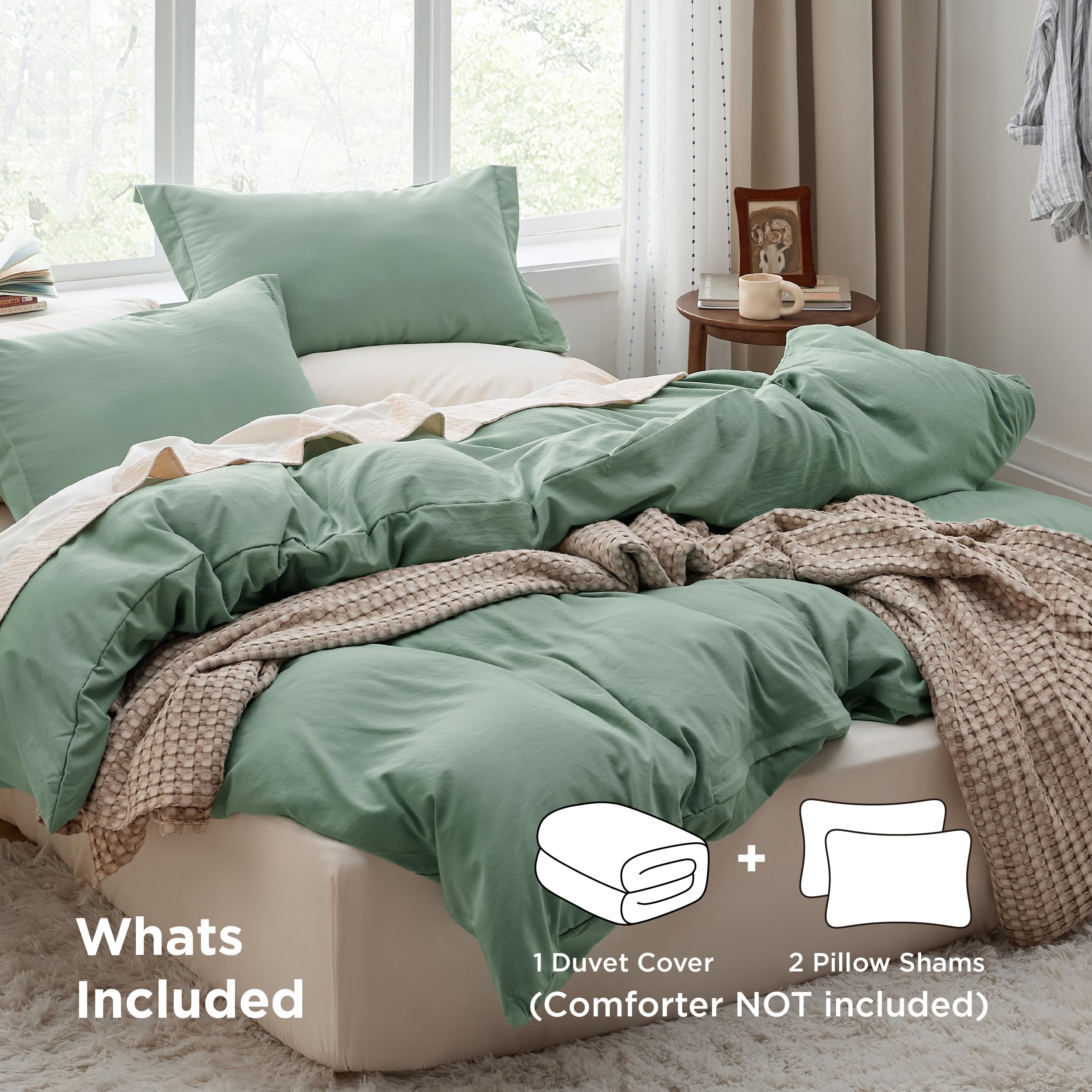 Bedsure sage green duvet cover closeup, showing soft breathable microfiber texture.