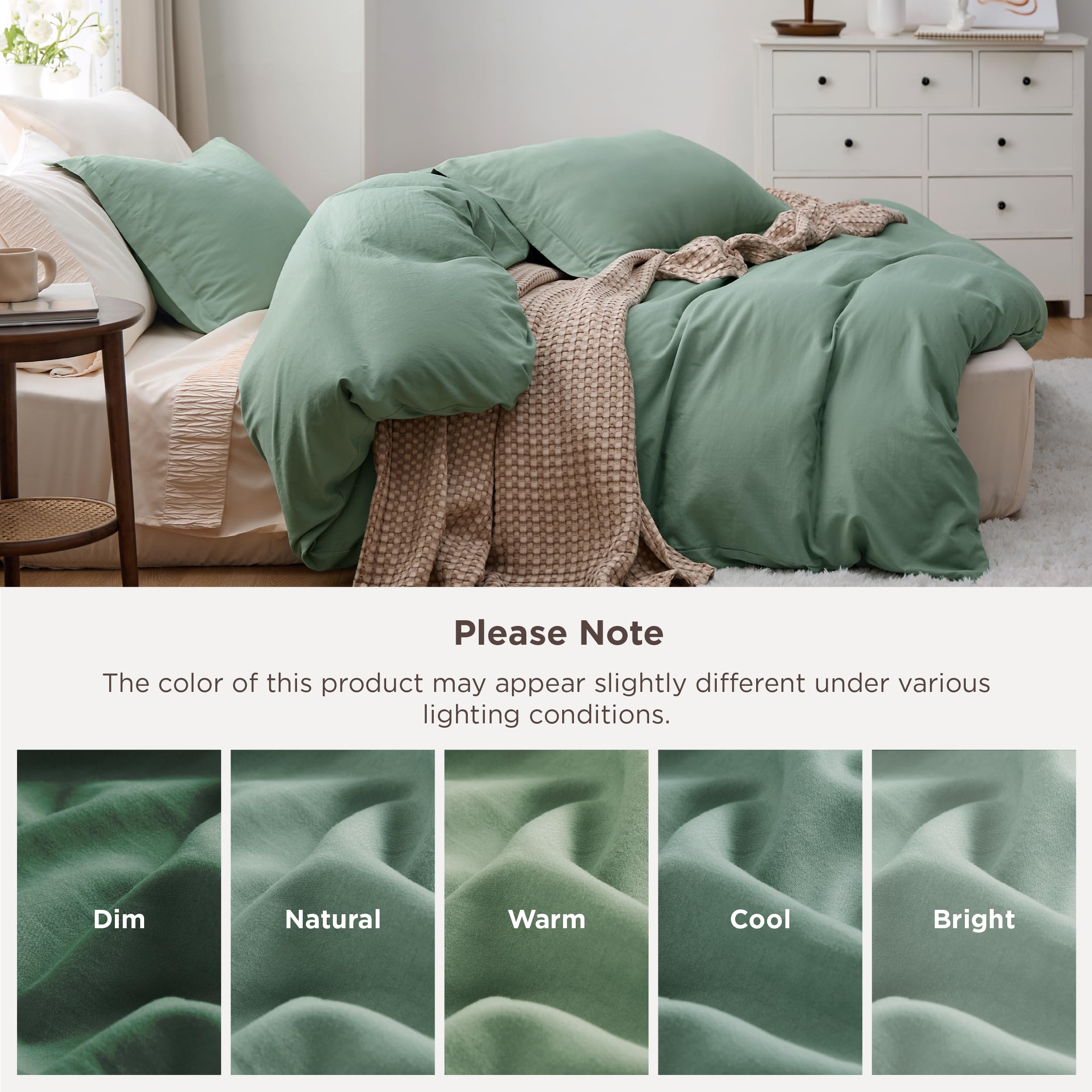 Bedsure sage green prewashed microfiber mimics cotton feel and easy care