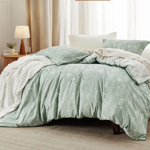 Bedsure sage green floral pillow shams complement the reversible set and enhance the look