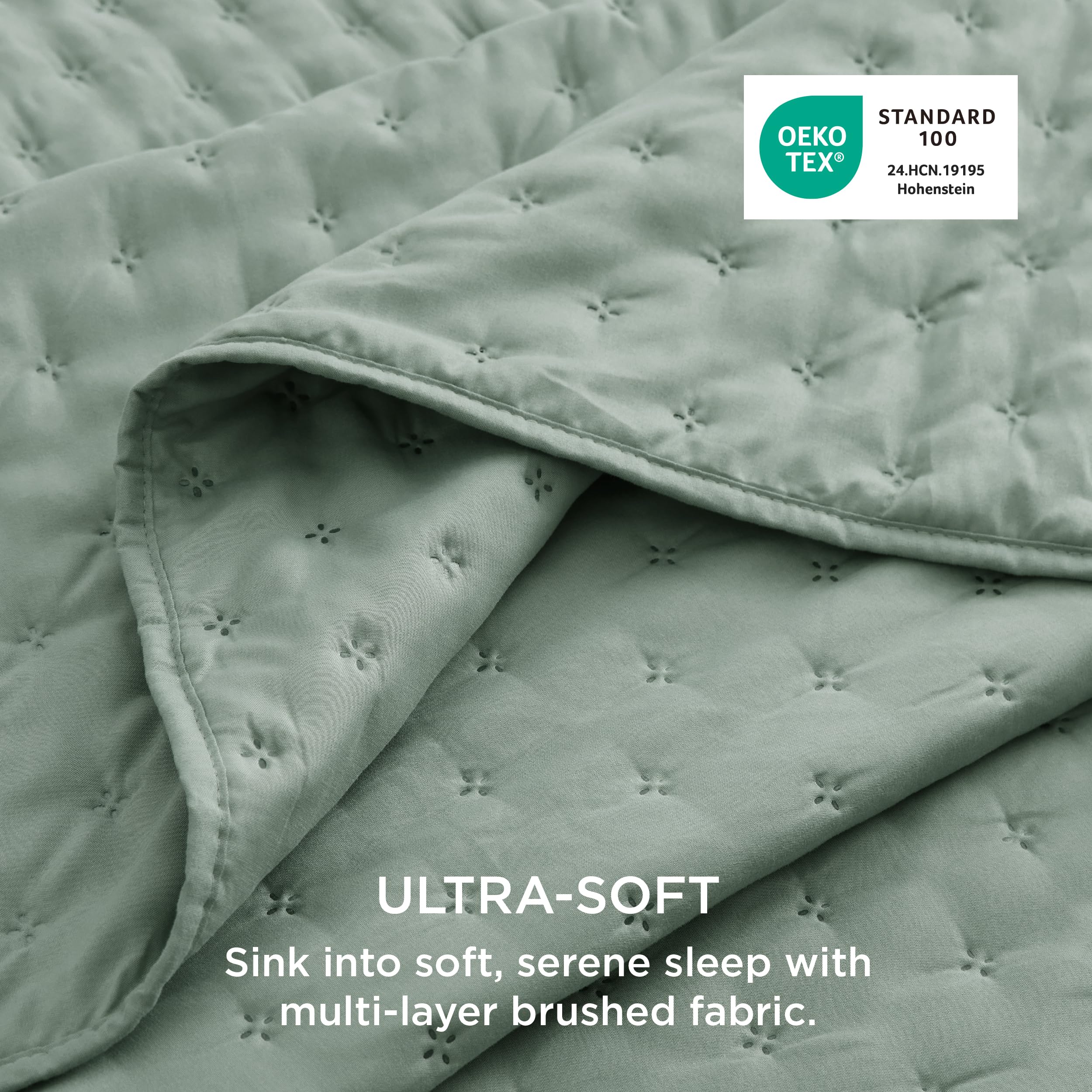 Bedsure sage green king quilt folded, ready as decorative layer.