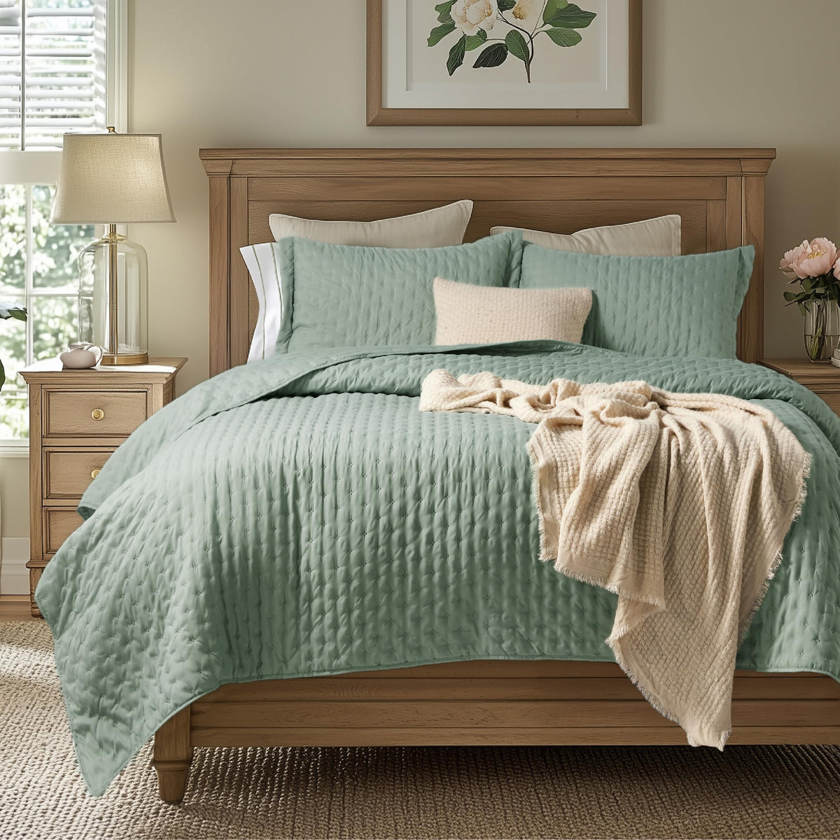 Bedsure king quilt on bed in sage green showing plush softness.