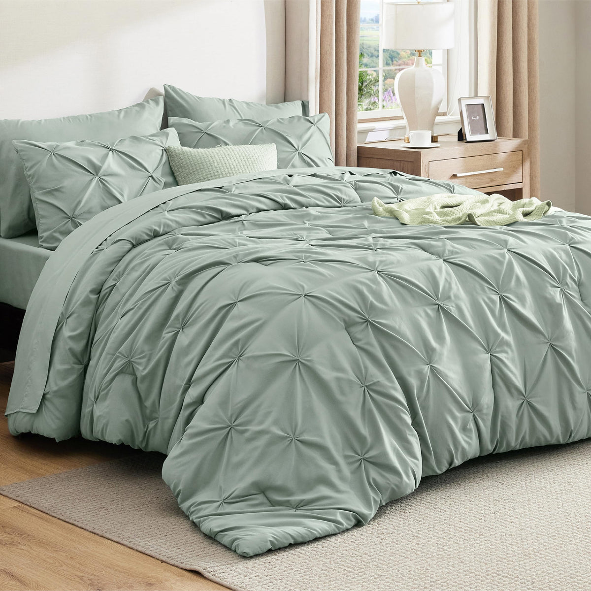 Bedsure sage green queen comforter set with pinch-pleat design for elegant all-season lounging