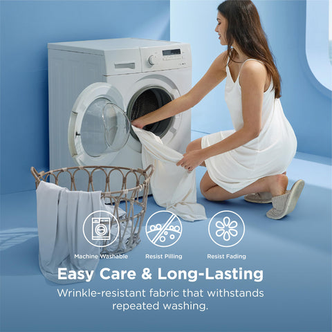 Bedsure fabric care label highlights cold wash and low heat drying.