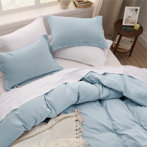Bedsure sky blue bedding enhances calm, modern bedroom decor.