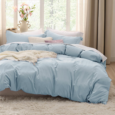 Bedsure Sky Blue duvet cover queen 90x90 close-up texture showcasing soft, breathable fabric.