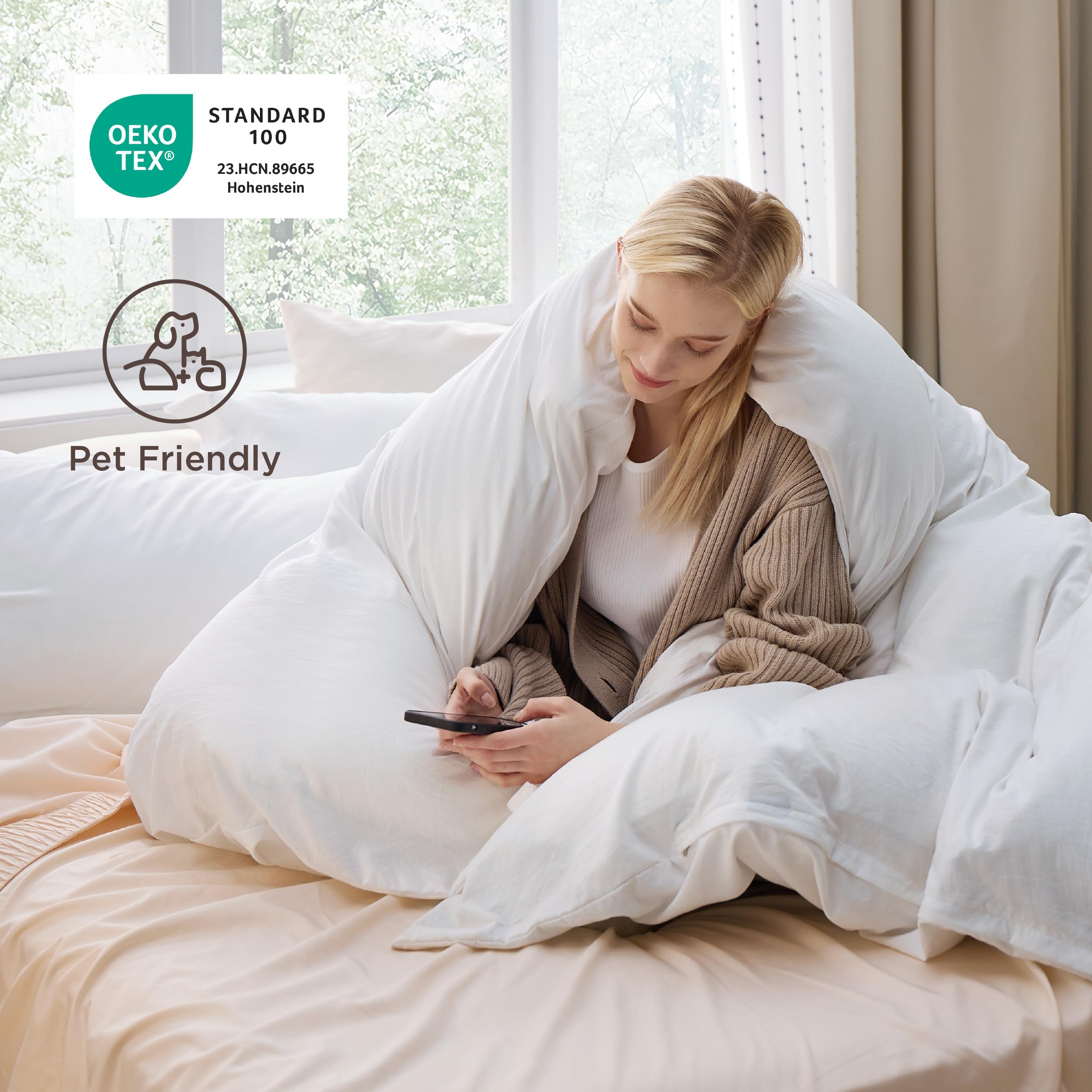 Bedsure soft microfiber texture highlights comfortable, whisper-quiet nights