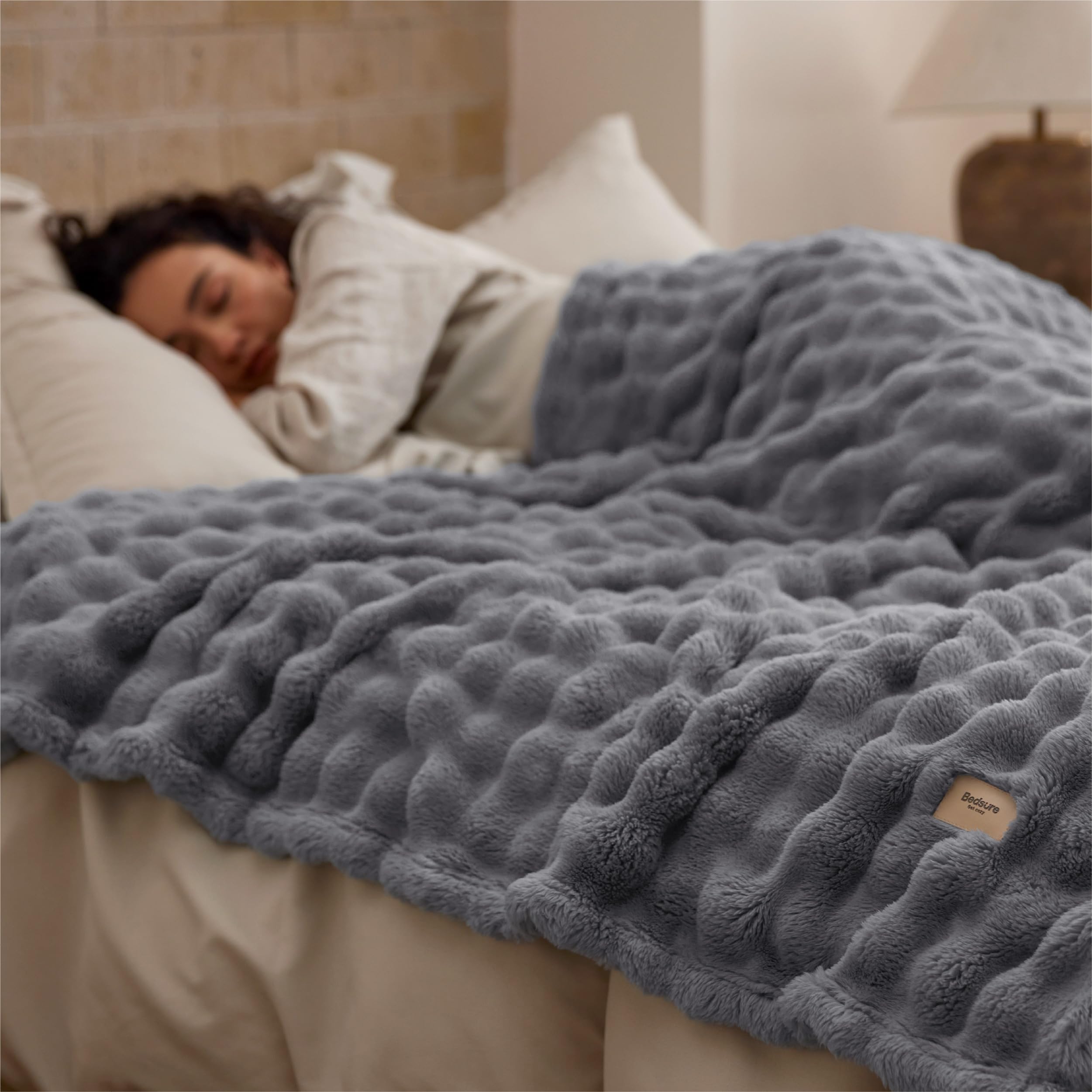 Bedsure soft plush fabric close-up emphasizes skin-friendly comfort.