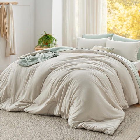 Bedsure super king comforter set beige closeup showing soft texture for cozy nights.