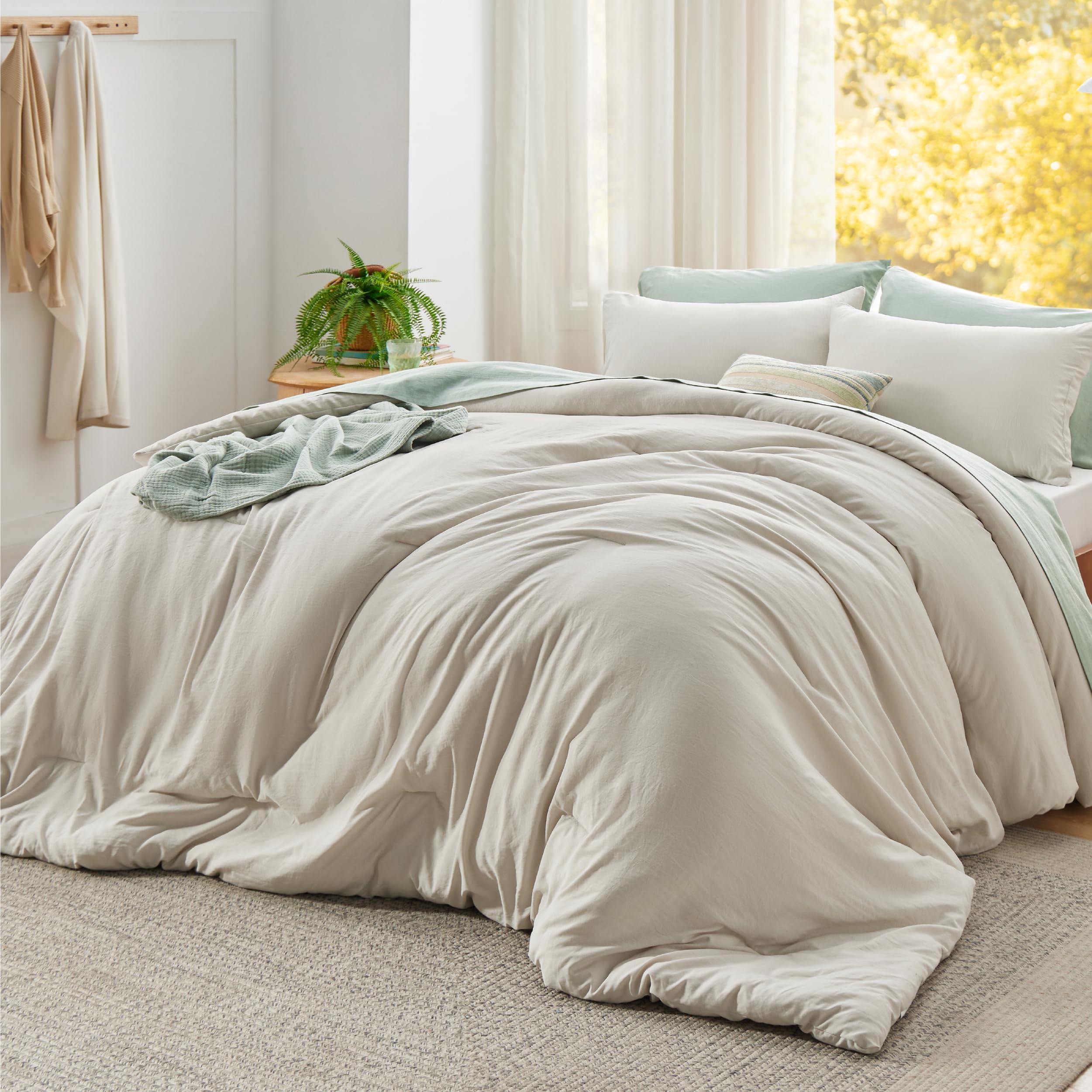 Bedsure super king plus comforter beige soft texture for cozy sleep.