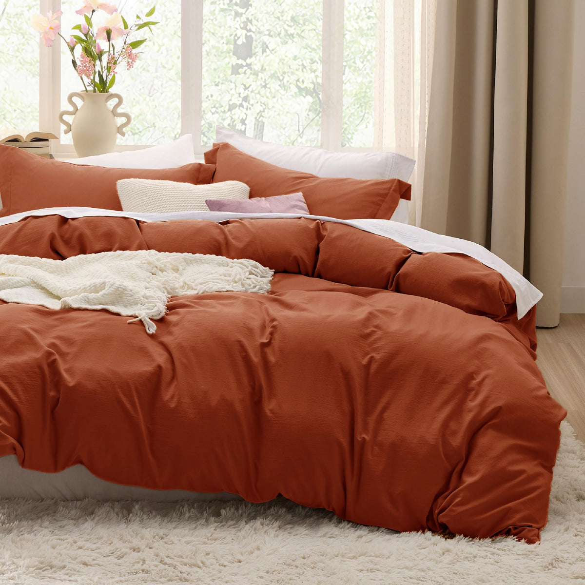 Bedsure terracotta duvet cover king set features ultra-soft microfiber for a cozy, sleep-ready touch.