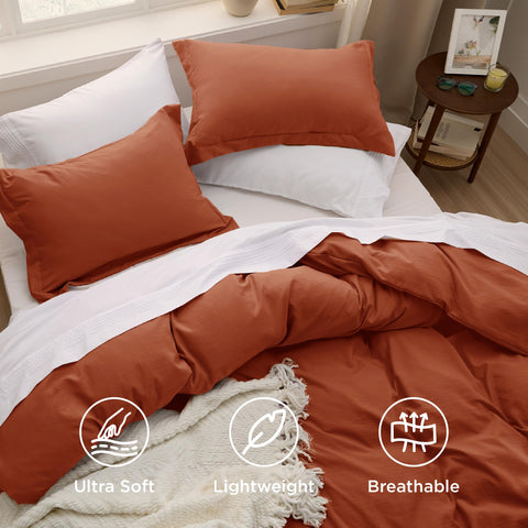 Bedsure terracotta pillow shams pair with the duvet for cohesive look.
