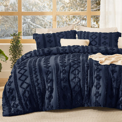 Bedsure tufted boho comforter king navy embroidery detail for a cozy bedroom look