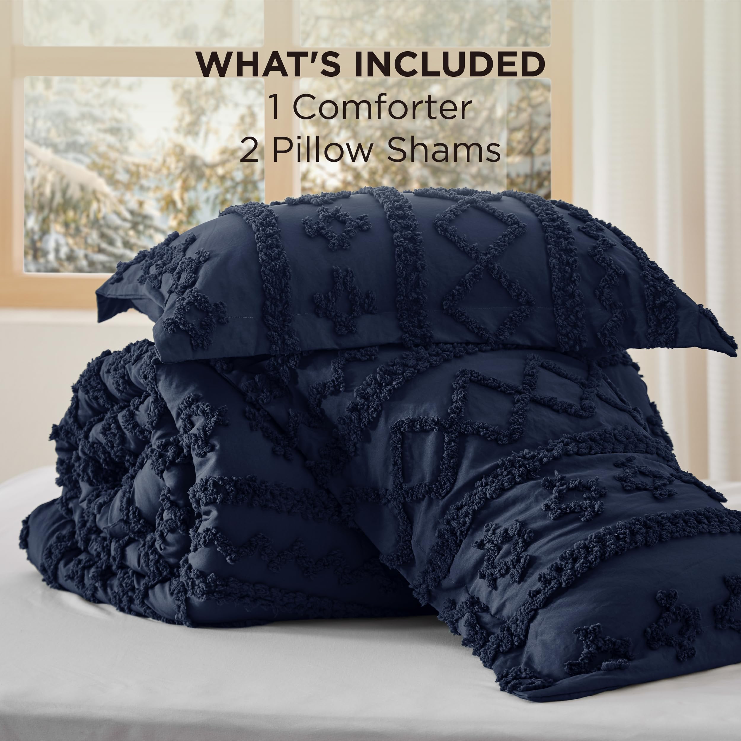 Bedsure tufted boho comforter king navy machine washable for easy care