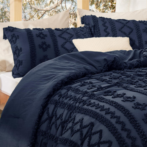 Bedsure tufted boho comforter king navy pillow sham set completes the bed ensemble