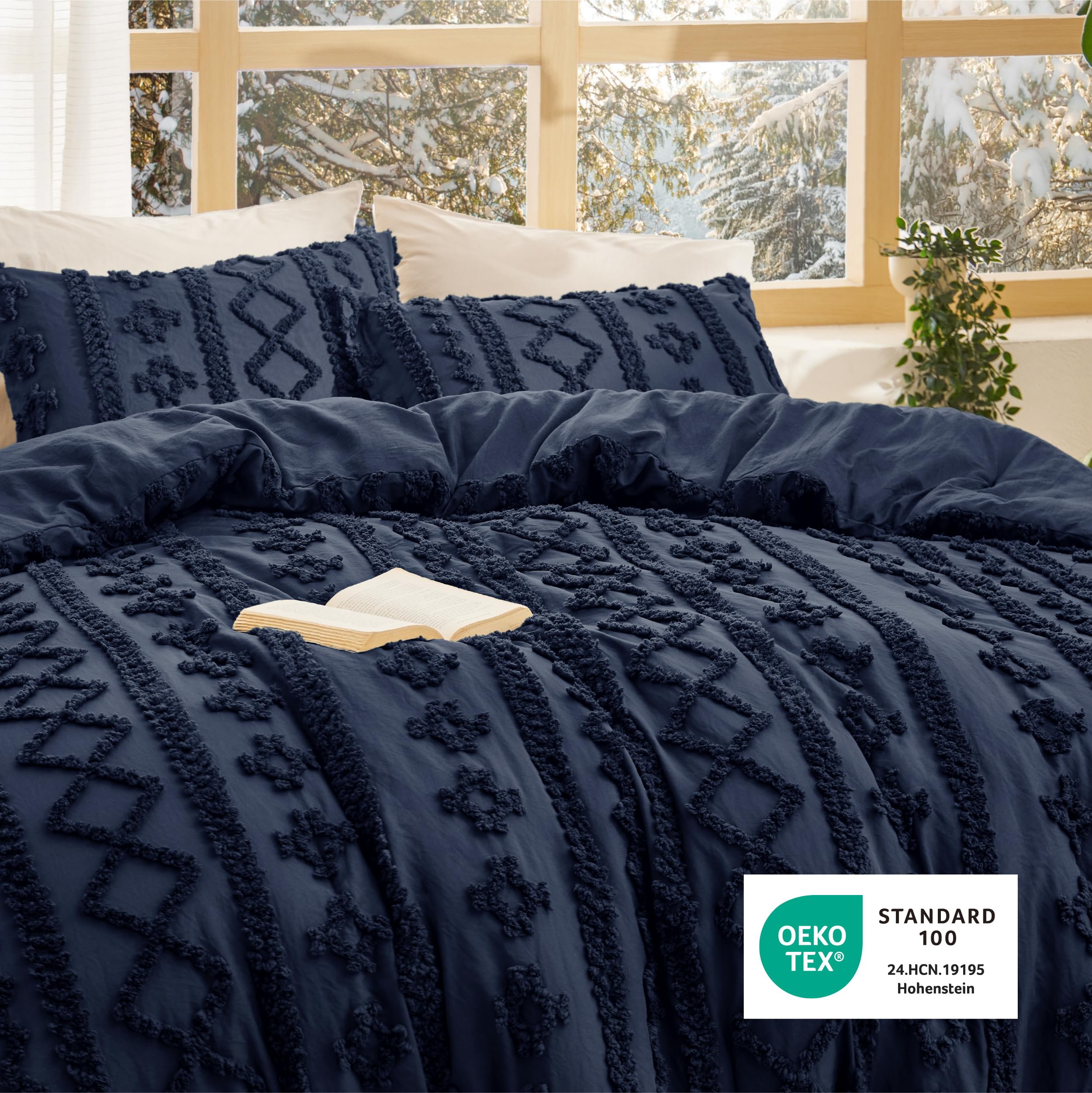 Bedsure tufted boho comforter king navy unique stitching enhances visual interest