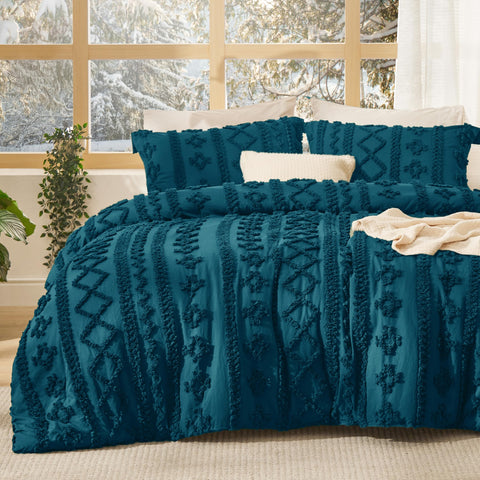 Bedsure tufted boho king teal comforter on bed for cozy nights