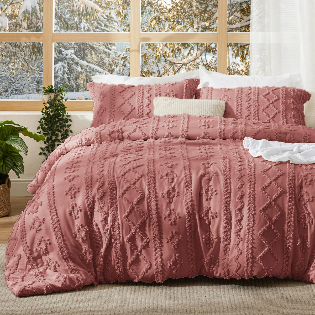 Bedsure tufted boho comforter queen with grayish pink embroidery detail for premium texture.