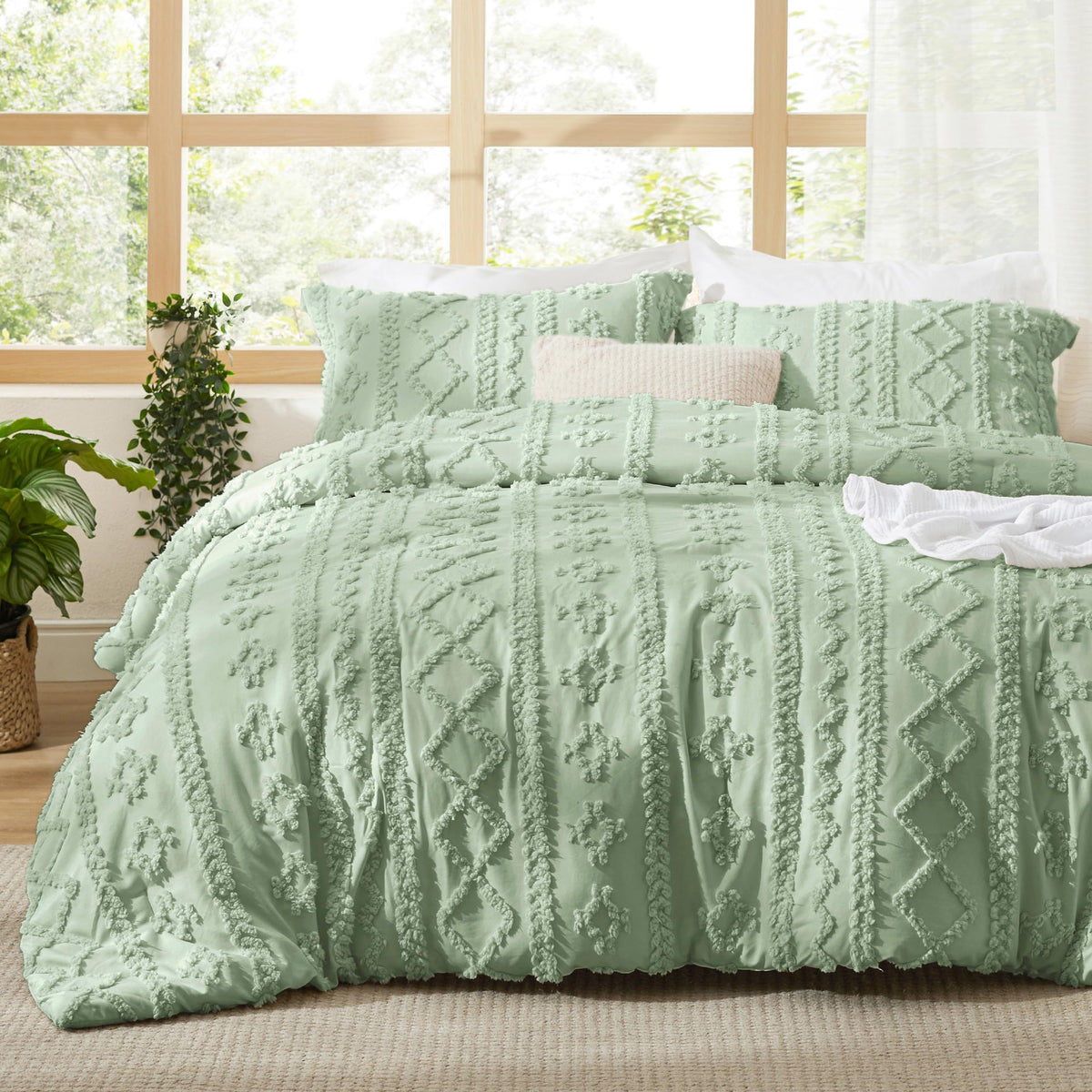 Bedsure tufted boho comforter set in sage green for refined bedroom style