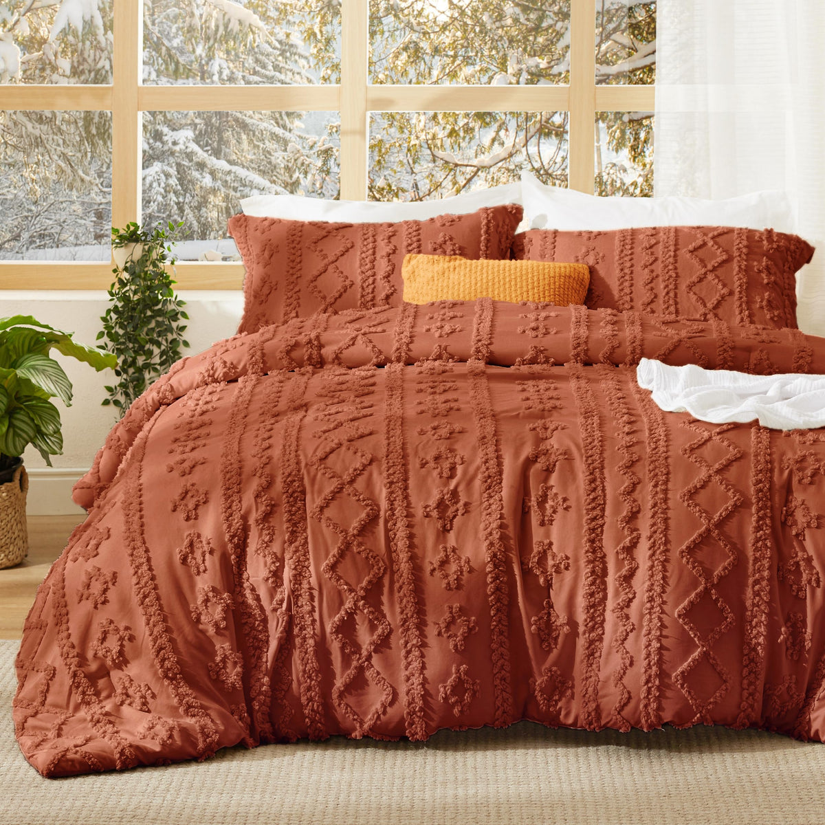 Bedsure tufted boho comforter queen with terracotta embroidery adds refined texture to your bed.
