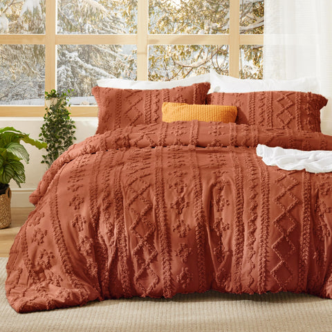 Bedsure tufted boho comforter queen with terracotta embroidery adds refined texture to your bed.