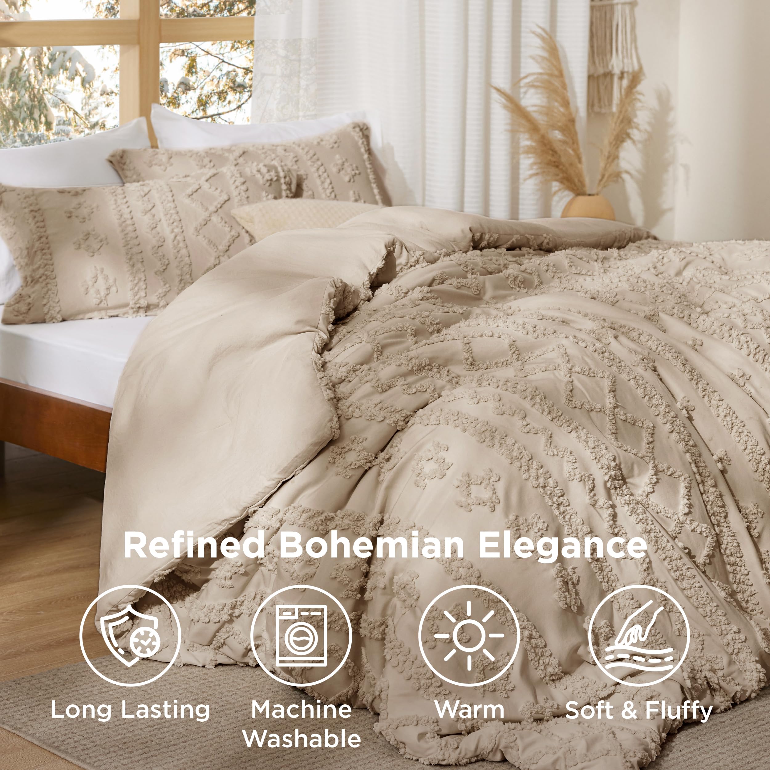 Bedsure Tufted Boho Comforter Set king khaki includes pillows and shams for a complete look.