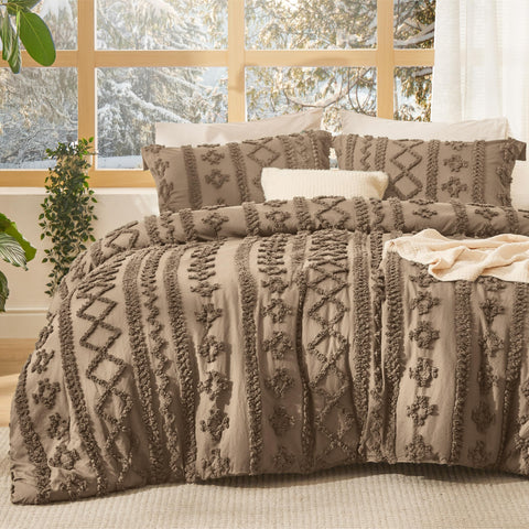 Bedsure king-size tufted boho comforter set in light brown with embroidered tufts