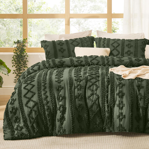 Bedsure tufted boho comforter set in olive green adds refined texture to a king bed.